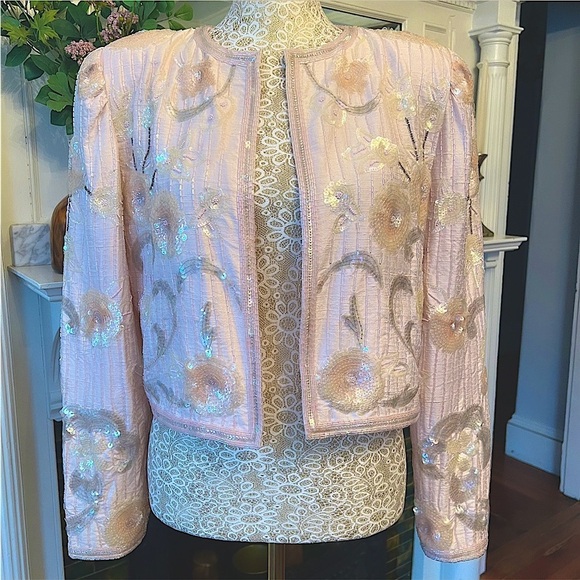 VINTAGE A.J. BARI 100% Silk Light Pink Beaded/Sequin Floral Evening Jacket Sz 4 - Picture 1 of 15